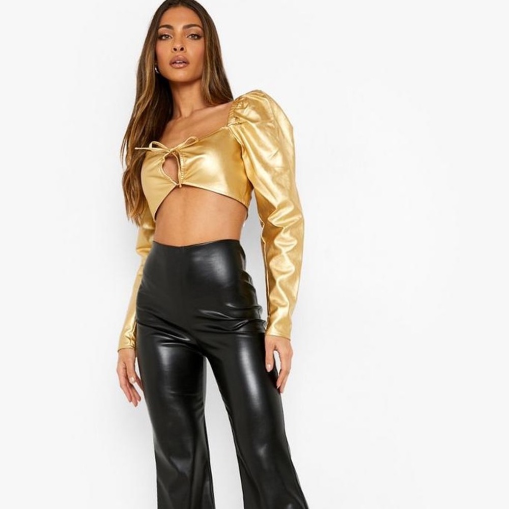 (B18) Boohoo Puff Sleeve Crop Top, Gold, Size 2, NWT